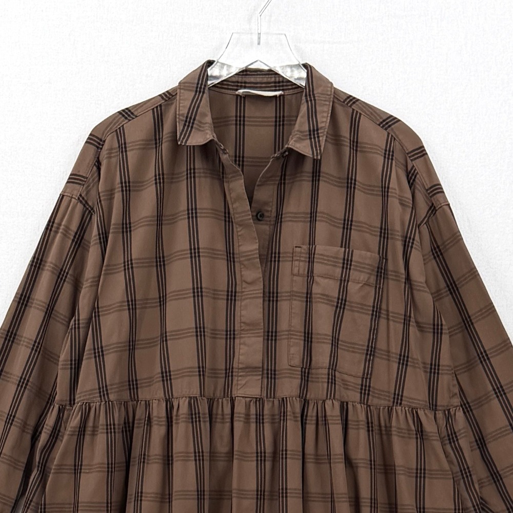 Everlane Shirt Dress Women Medium Brown Plaid Cotton Long Sleeve Babydoll Mini - Picture 10 of 16